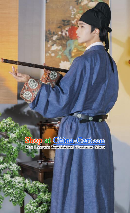 China Traditional Hanfu Navy Round Collar Robe Tang Dynasty Male Historical Clothing Ancient Swordsman Costume