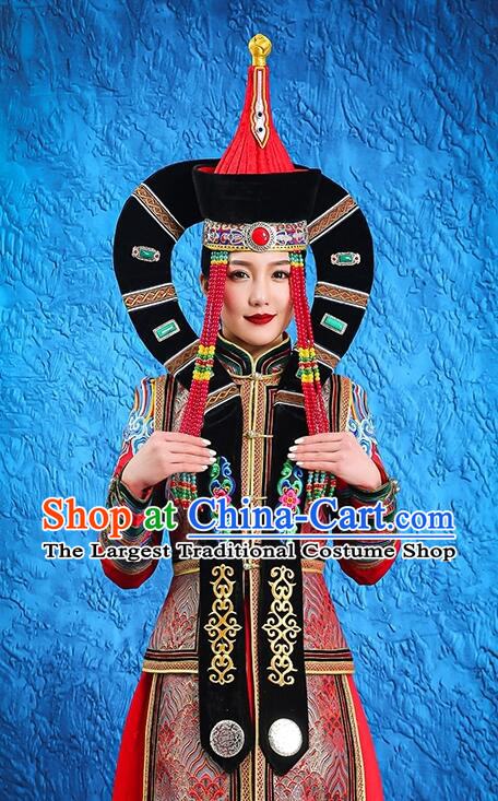 China Mongol Nationality Wedding Headwear Handmade Khorchin Ethnic Princess Hat Mongolian Nationality Festival Headdress