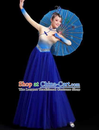 China Women Group Stage Show Royal Blue Dress Yangko Dance Costume Mongolian Ethnic Dance Fashion Opening Dance Clothing