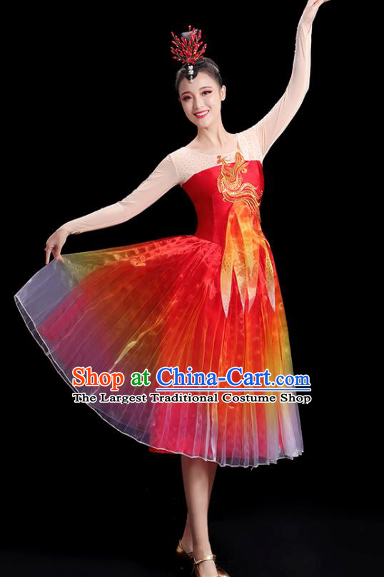 China Women Group Stage Show Red Short Dress Modern Dance Costume Embroidered Phoenix Fashion Opening Dance Clothing