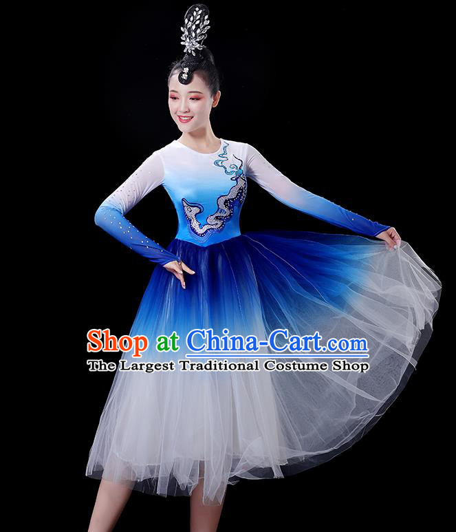 China Modern Dance Costume Women Group Chorus Clothing Opening Dance Fashion Stage Show Royal Blue Dress