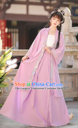 China Song Dynasty Young Woman Lilac Dresses Traditional Stage Show Hanfu Fashion Ancient Royal Princess Costumes