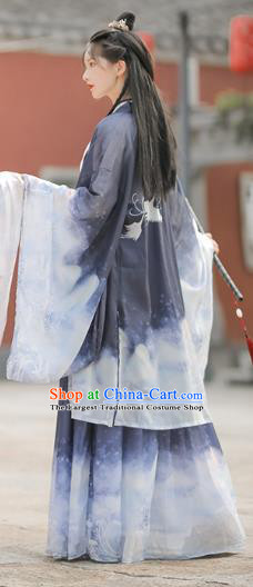 China Ancient Swordsman Costumes Ming Dynasty Young Male Dark Blue Dresses Traditional Stage Show Hanfu Fashion