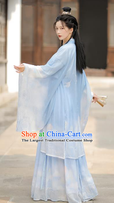 China Traditional Stage Show Hanfu Fashion Ancient Swordswoman Costumes Ming Dynasty Chivalrous Lady Blue Dresses