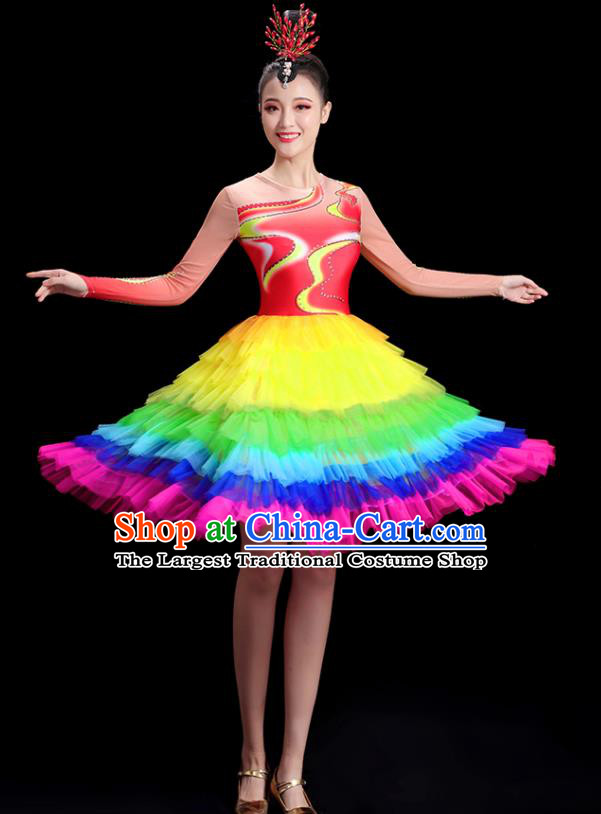 China Group Stage Show Rainbow Short Dress National Game Opening Dance Costume Modern Dance Clothing