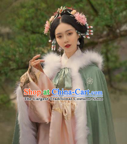 China Ancient Princess Costume Ming Dynasty Court Woman Clothing Traditional Hanfu Green Winter Cloak