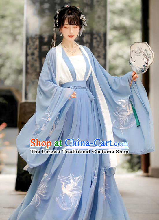 China Ancient Court Woman Costumes Song Dynasty Princess Blue Dresses Traditional Hanfu Garments