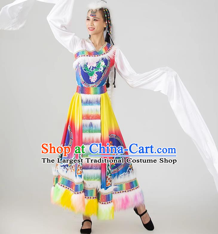 China Tibetan Ethnic Dancing Dress Women Group Show Costume Zang Nationality Water Sleeve Clothing
