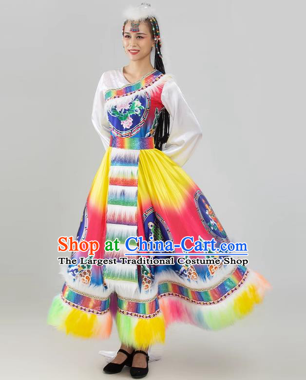 China Tibetan Ethnic Dancing Dress Women Group Show Costume Zang Nationality Water Sleeve Clothing