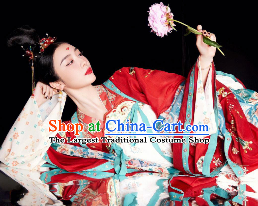China Photography Hanfu Garments Ancient Empress Red Dresses Tang Dynasty Court Woman Costumes