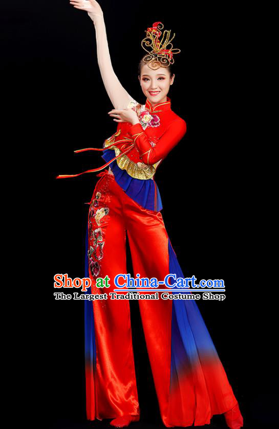 China Folk Dance Clothing Yangko Dance Red Outfit Women Group Stage Show Costume