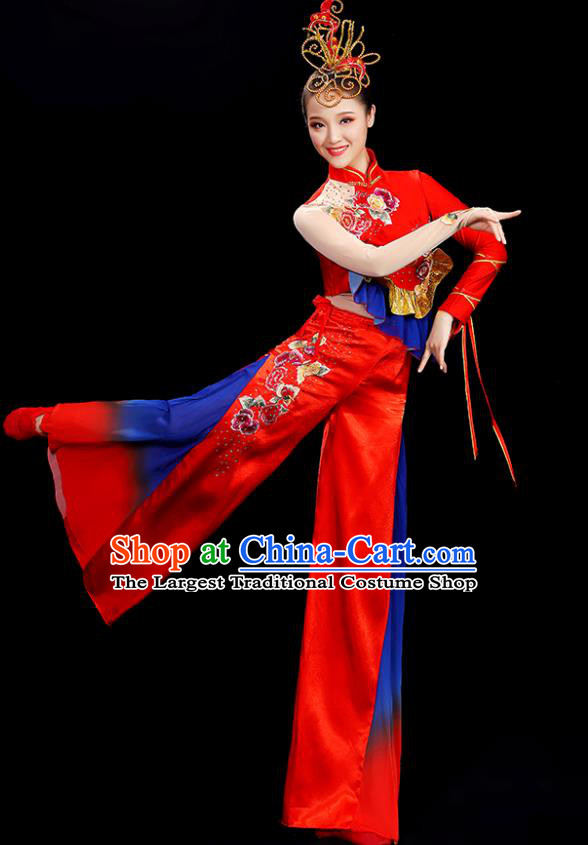 China Folk Dance Clothing Yangko Dance Red Outfit Women Group Stage Show Costume