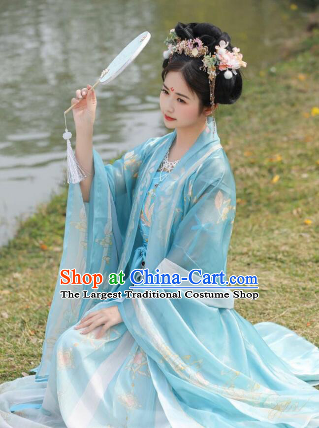 China Ancient Princess Clothing Blue Hanfu Dresses Tang Dynasty Court Lady Costumes