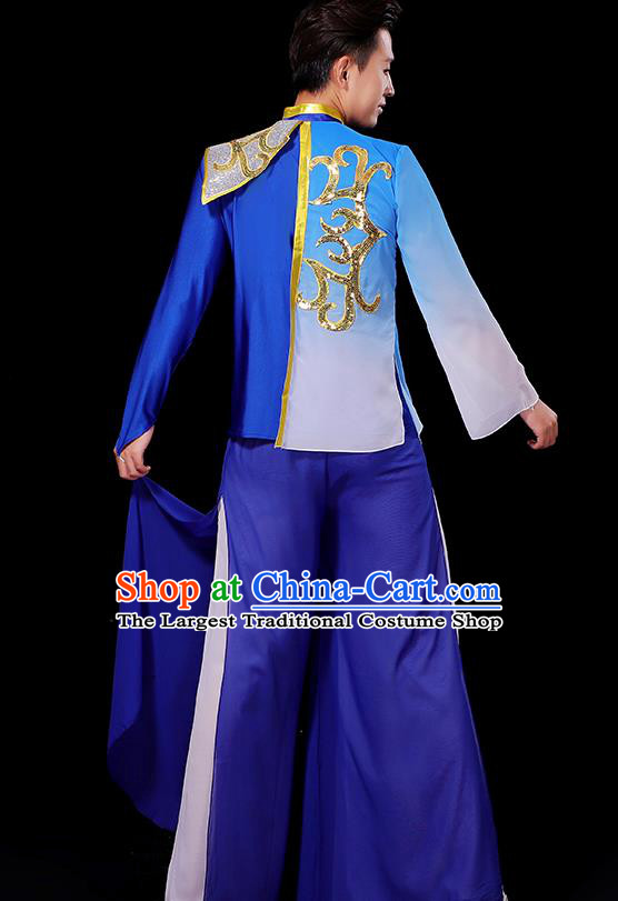 China Group Stage Show Costume Fan Dance Fashion Classical Dance Clothing Male Yangko Dance Royal Blue Outfit