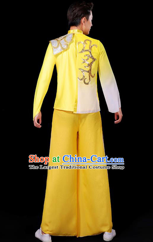 China Modern Dance Fashion Fan Dance Clothing Yangko Dance Yellow Outfit Male Group Stage Show Costume