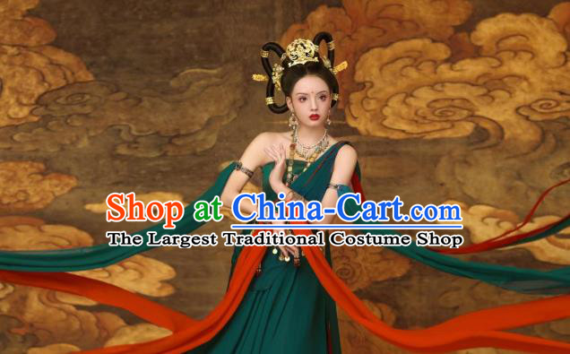 China Dunhuang Murals Flying Apsaras Costumes Classical Dance Clothing Ancient Fairy Green Dress