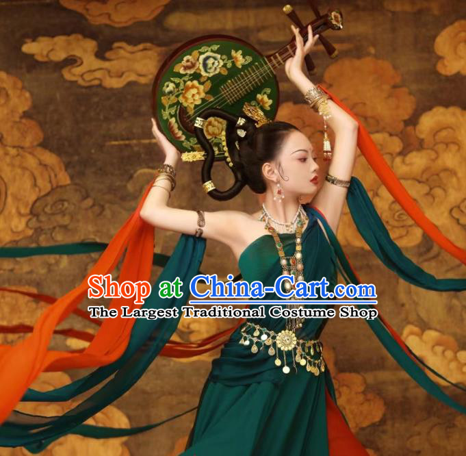 China Dunhuang Murals Flying Apsaras Costumes Classical Dance Clothing Ancient Fairy Green Dress