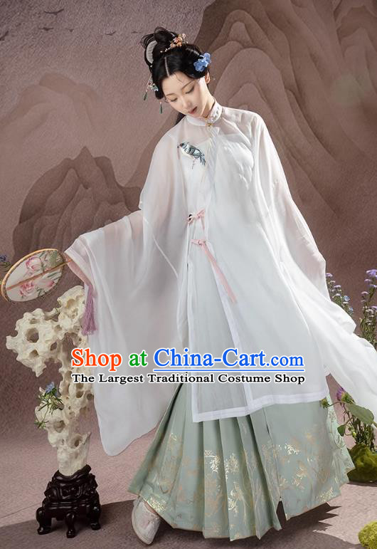China Ming Dynasty Royal Princess Costumes Ancient Noble Mistress Embroidered Clothing Hanfu White Gown and Green Ma Mian Skirt Complete Set
