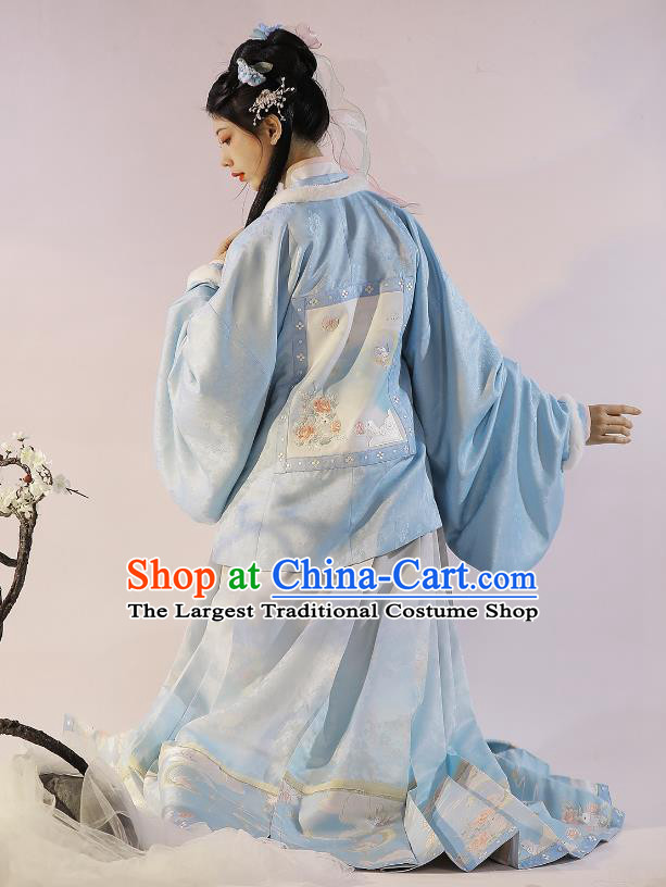China Ancient Noble Lady Costumes Ming Dynasty Princess Winter Clothing Traditional Female Hanfu Dress Blue Coat Shirt Mamianqun Complete Set