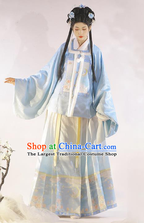 China Ancient Noble Lady Costumes Ming Dynasty Princess Winter Clothing Traditional Female Hanfu Dress Blue Coat Shirt Mamianqun Complete Set