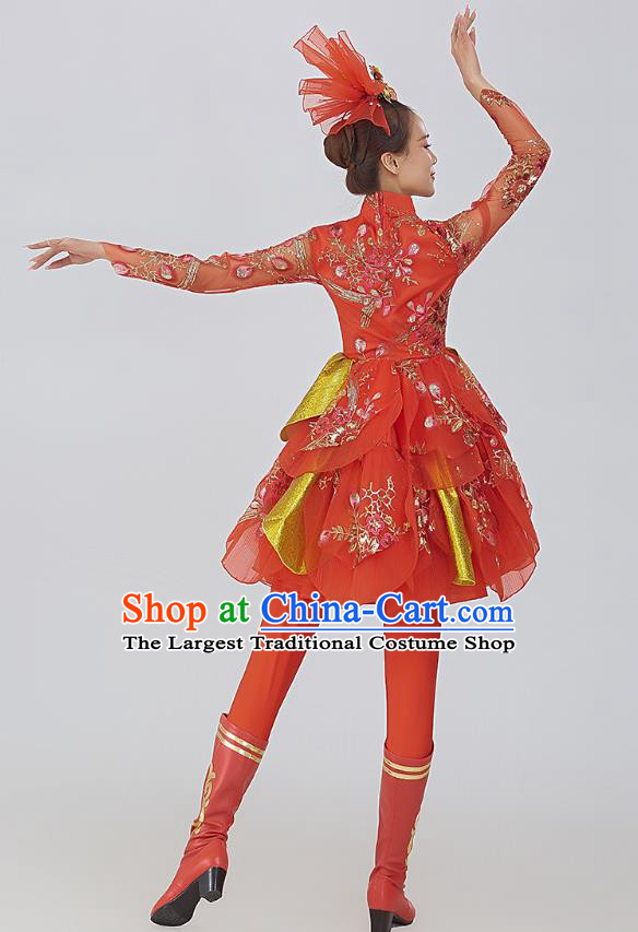China Drum Dance Fashion Modern Dance Red Dress Women Group Yangko Dance Clothing Lantern Dance Costume