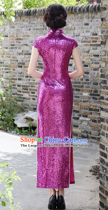China Traditional Cheongsam Elegant Mandarin Dress Woman Embroidered Shinning Purple Qipao