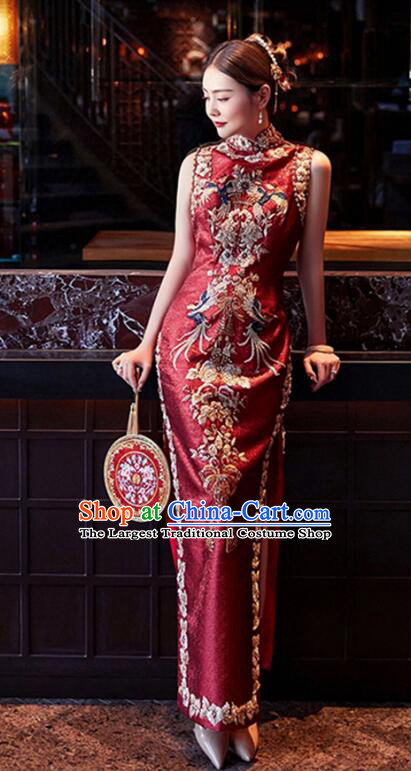 China Elegant Mandarin Dress Woman Embroidered Shinning Qipao Traditional Wedding Cheongsam