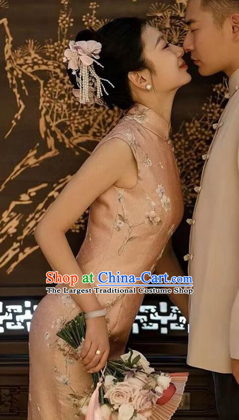 China Traditional Wedding Cheongsam Elegant Mandarin Dress Bride Pink Qipao