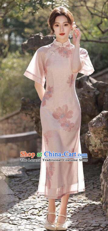 China Pink Qipao Traditional Cheongsam Elegant Mandarin Dress