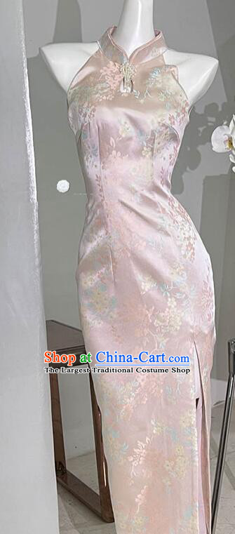 China Elegant Sleeveless Dress Pink Qipao Traditional Cheongsam Clothing