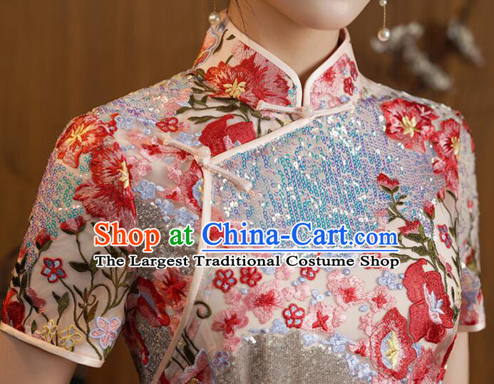 China Classical Cheongsam Clothing Elegant Embroidered Dress Shining Qipao Costume