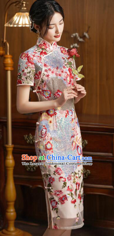 China Classical Cheongsam Clothing Elegant Embroidered Dress Shining Qipao Costume