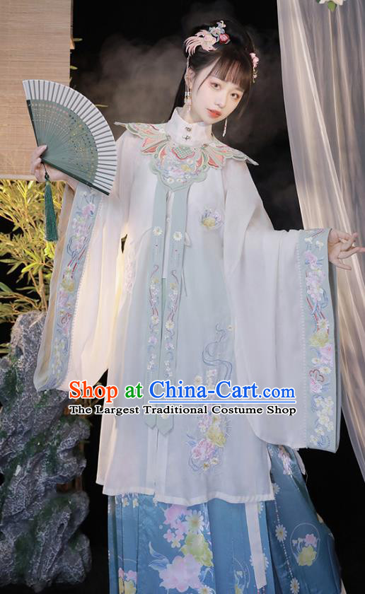 China Hanfu Embroidered Clothing Ming Dynasty Princess Blue Dresses Ancient Noble Lady Garment Costumes Complete Set