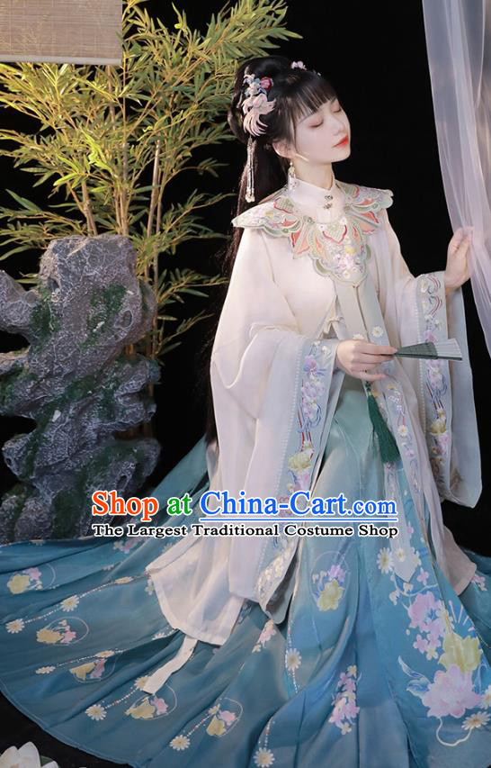 China Hanfu Embroidered Clothing Ming Dynasty Princess Blue Dresses Ancient Noble Lady Garment Costumes Complete Set