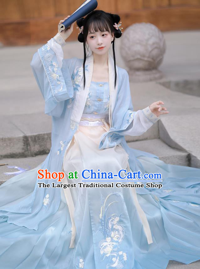 China Ancient Young Woman Garment Costumes Hanfu Blue Ruqun Clothing Song Dynasty Royal Princess Embroidered Dresses