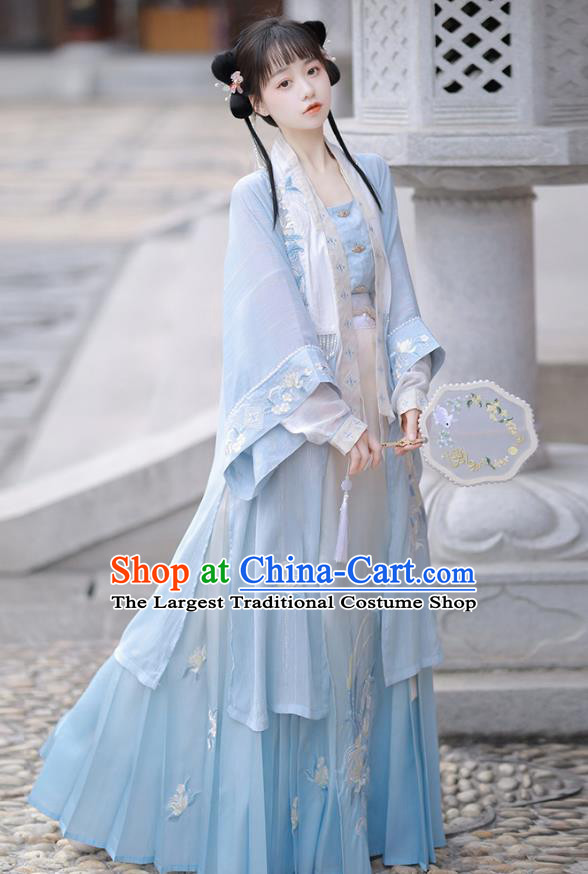 China Ancient Young Woman Garment Costumes Hanfu Blue Ruqun Clothing Song Dynasty Royal Princess Embroidered Dresses