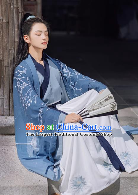 China Jin Dynasty Young Hero Clothing Ancient Swordsman Garment Costumes Blue Hanfu