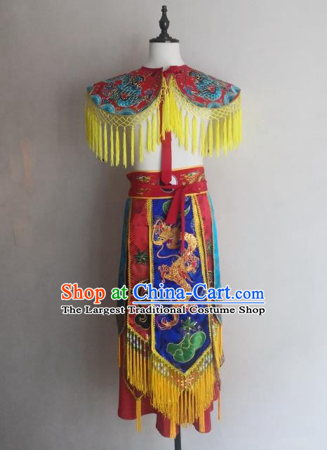 China Nuo Opera Combat Red Outfit Fiesta Parade God Embroidered Cappa and Skirt Folk Dance Immortal Clothing
