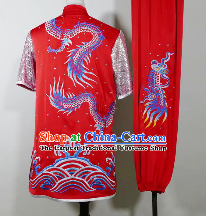 China Kung Fu Tournament Red Uniform Martial Arts Changquan Performance Costume Wushu Training Embroidered Clothing