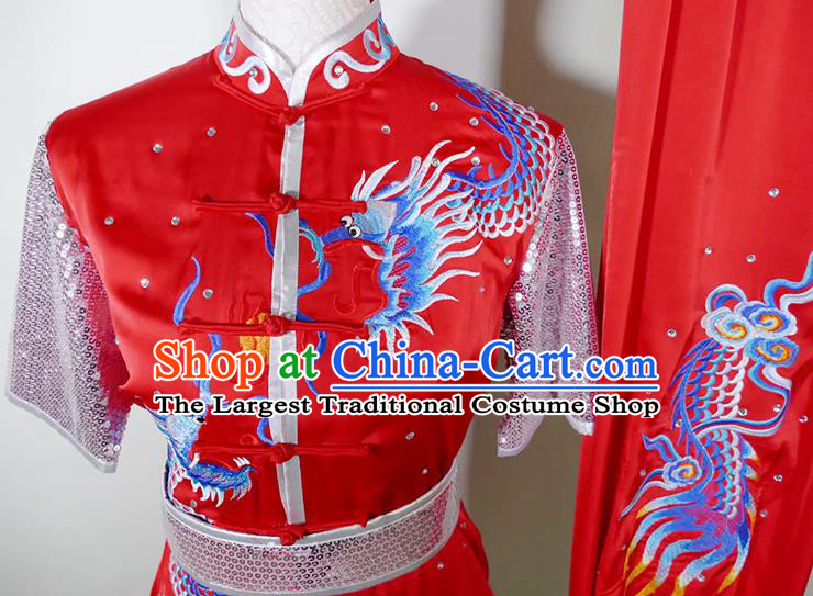China Kung Fu Tournament Red Uniform Martial Arts Changquan Performance Costume Wushu Training Embroidered Clothing