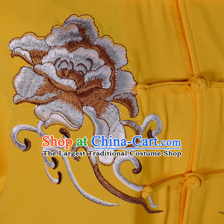 China Tai Chi Competition Yellow Uniform Martial Arts Performance Costume Taiji Tournament Embroidered Peony Clothing