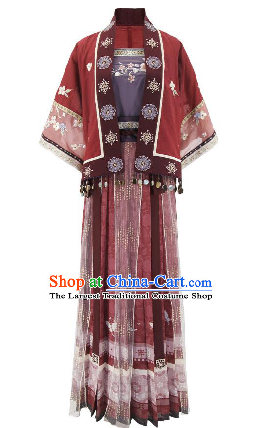 China Traditional Civilian Red Hanfu Dresses Ancient Village Girl Clothing Song Dynasty Young Woman Costumes