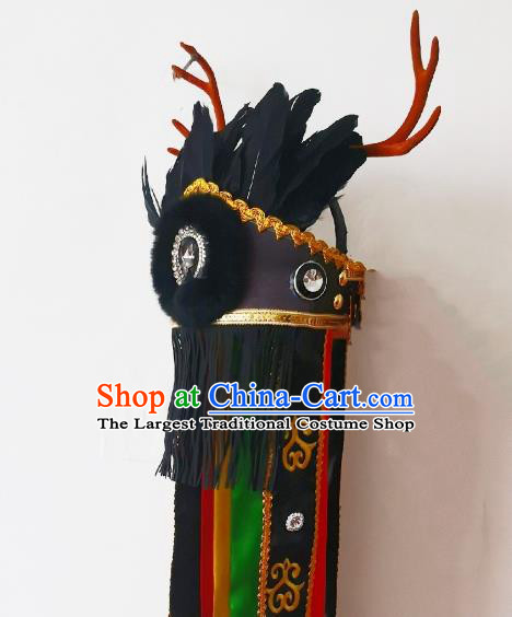 China Drama God Antlers Hat Handmade Nuo Opera Black Feather Headpiece Sacrifice Dance Headwear