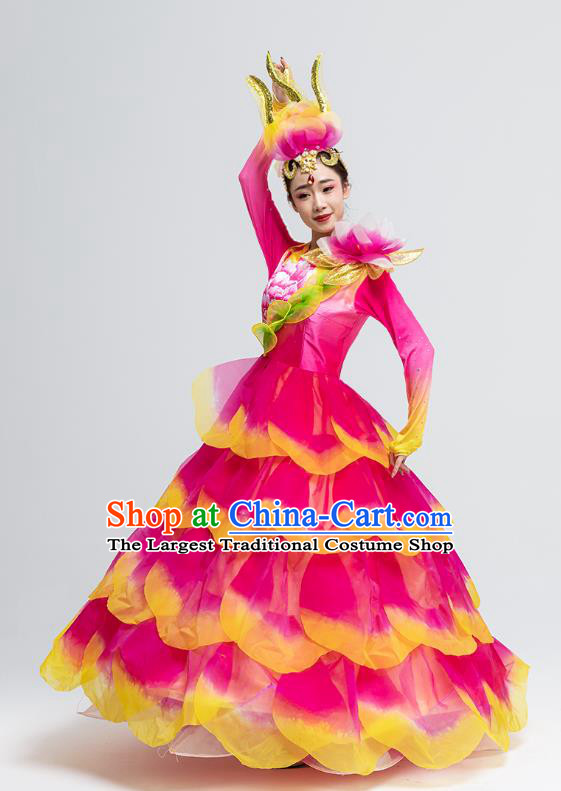 Chinese Classical Dance Pink Peony Dress  Spring Festival Gala Opening Dance Clothing Women Group Dance Costume
