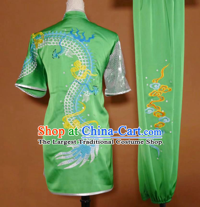 China Wushu Embroidered Dragon Clothing Kung Fu Competition Green Uniform Martial Arts Performance Costume