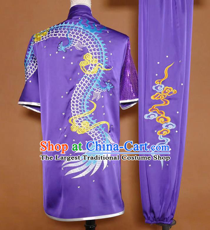 China Martial Arts Performance Costume Wushu Embroidered Dragon Clothing Kung Fu Competition Purple Uniform