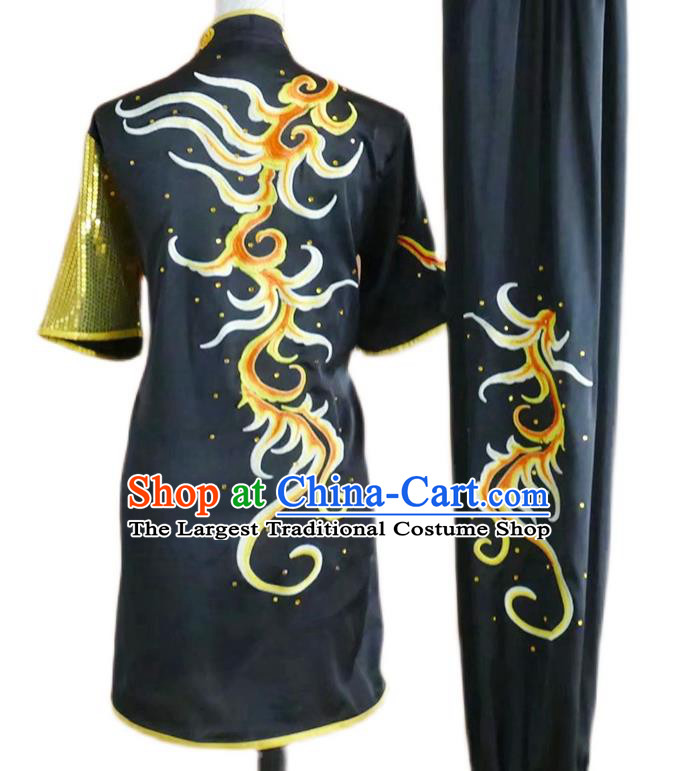 China Martial Arts Outfit Changquan Performance Costume Wushu Tournament Embroidered Clothing Kung Fu Competition Black Uniform