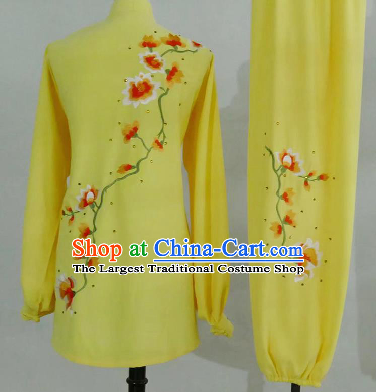 China Tai Chi Taiji Tournament Embroidered Clothing Kung Fu Competition Yellow Uniform Martial Arts Performance Costume