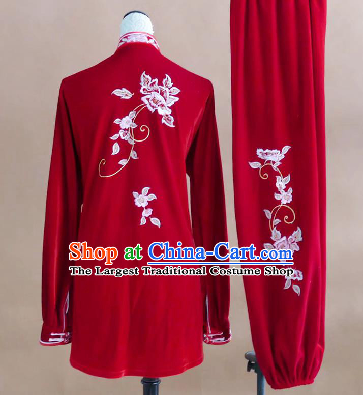 China Martial Arts Performance Costume Tai Chi Taijiquan Tournament Embroidered Clothing Kung Fu Competition Red Velvet Uniform