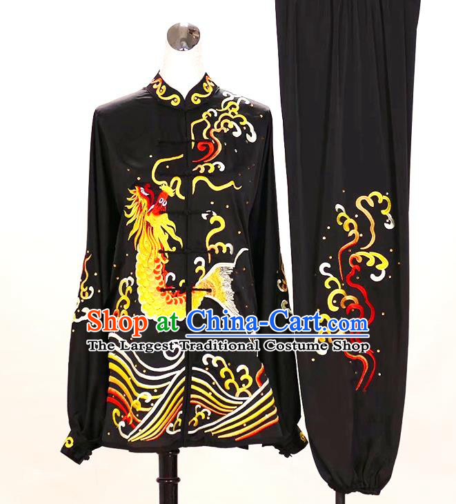 China Kung Fu Tournament Black Uniform Martial Arts Performance Costume Tai Chi Training Outfit Taijiquan Embroidered Carp Clothing